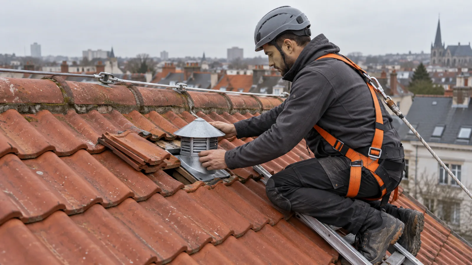 Couvreur qui pose une chatière de ventilation sur un toit en tuiles à Evere
