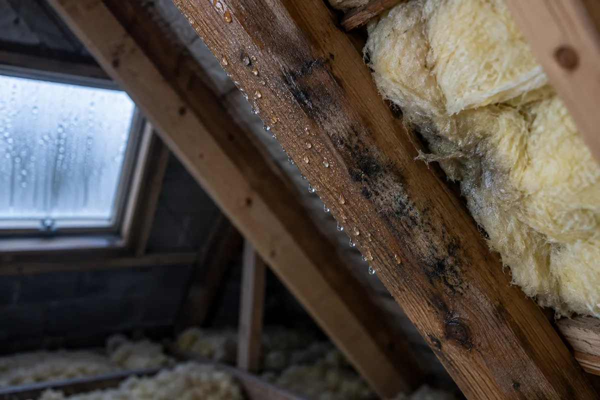 Gouttelettes de condensation et traces de moisissure sur un chevron de comble mal ventilé