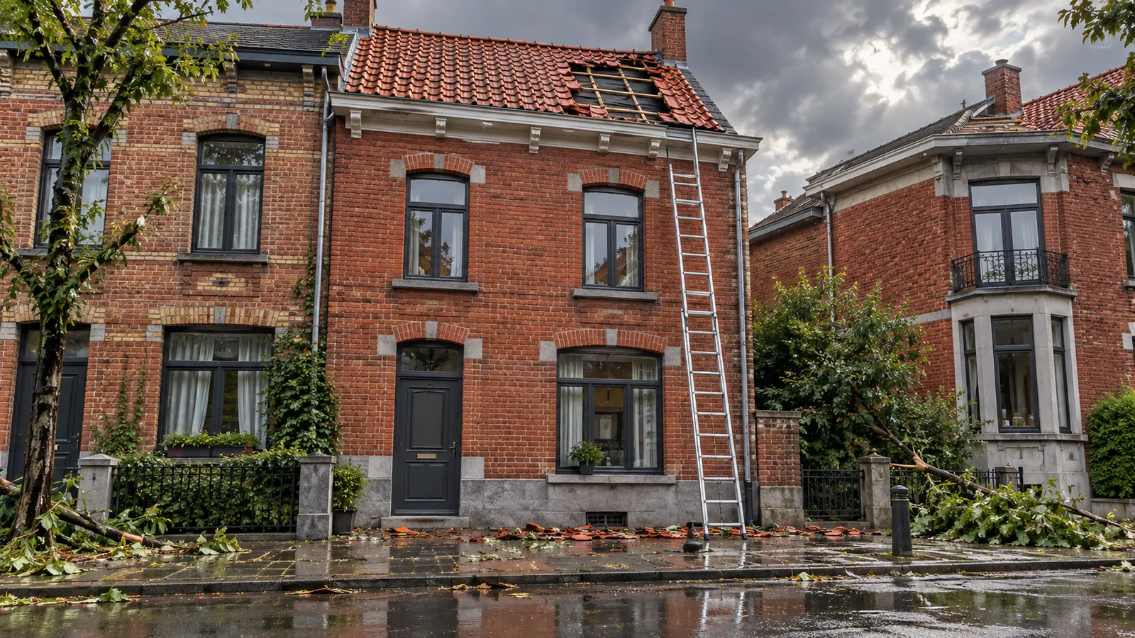 Maison bruxelloise aux tuiles arrachées par une tempête, échelle de couvreur contre la façade