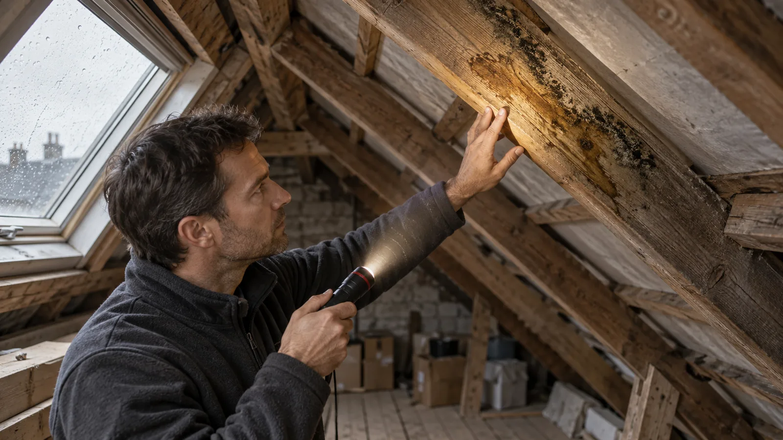 Couvreur qui inspecte à la lampe une trace d'infiltration sur la charpente à Forest