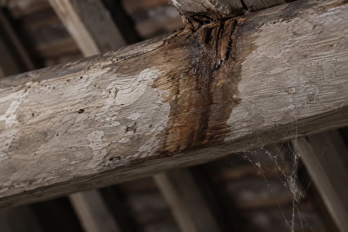 Trace d'infiltration d'eau sur une panne en bois ancienne
