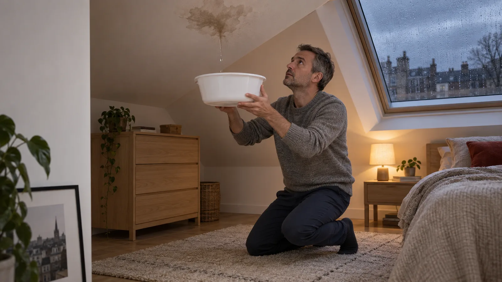 Habitant qui place une bassine sous une fuite de toiture dans une chambre mansardée