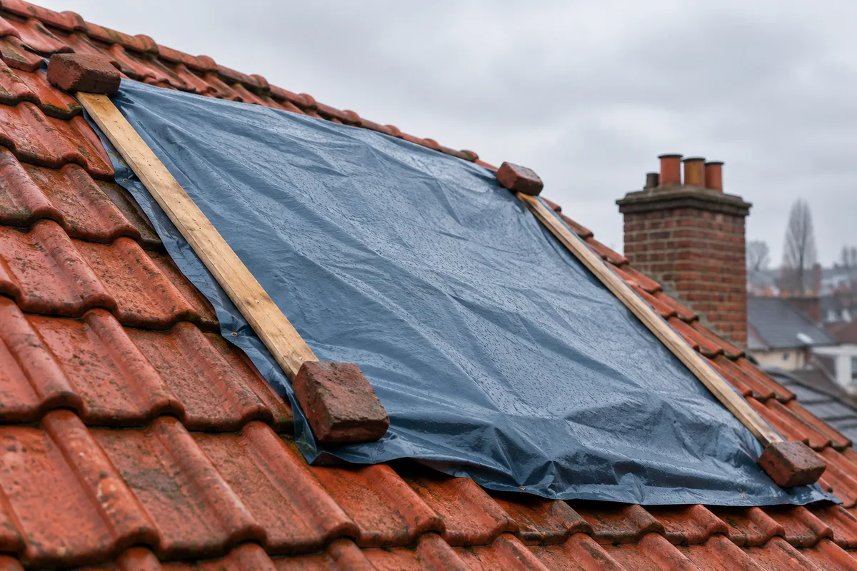 Bâche provisoire fixée sur une toiture en tuiles endommagée en hiver