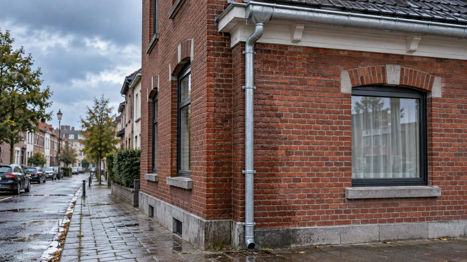 Gouttière et descente d'eau en zinc sur une maison en briques à Anderlecht après la pluie