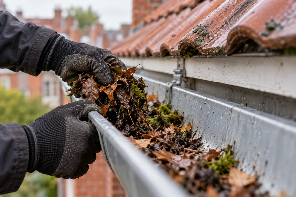 Mains gantées qui retirent les feuilles d'une gouttière bouchée