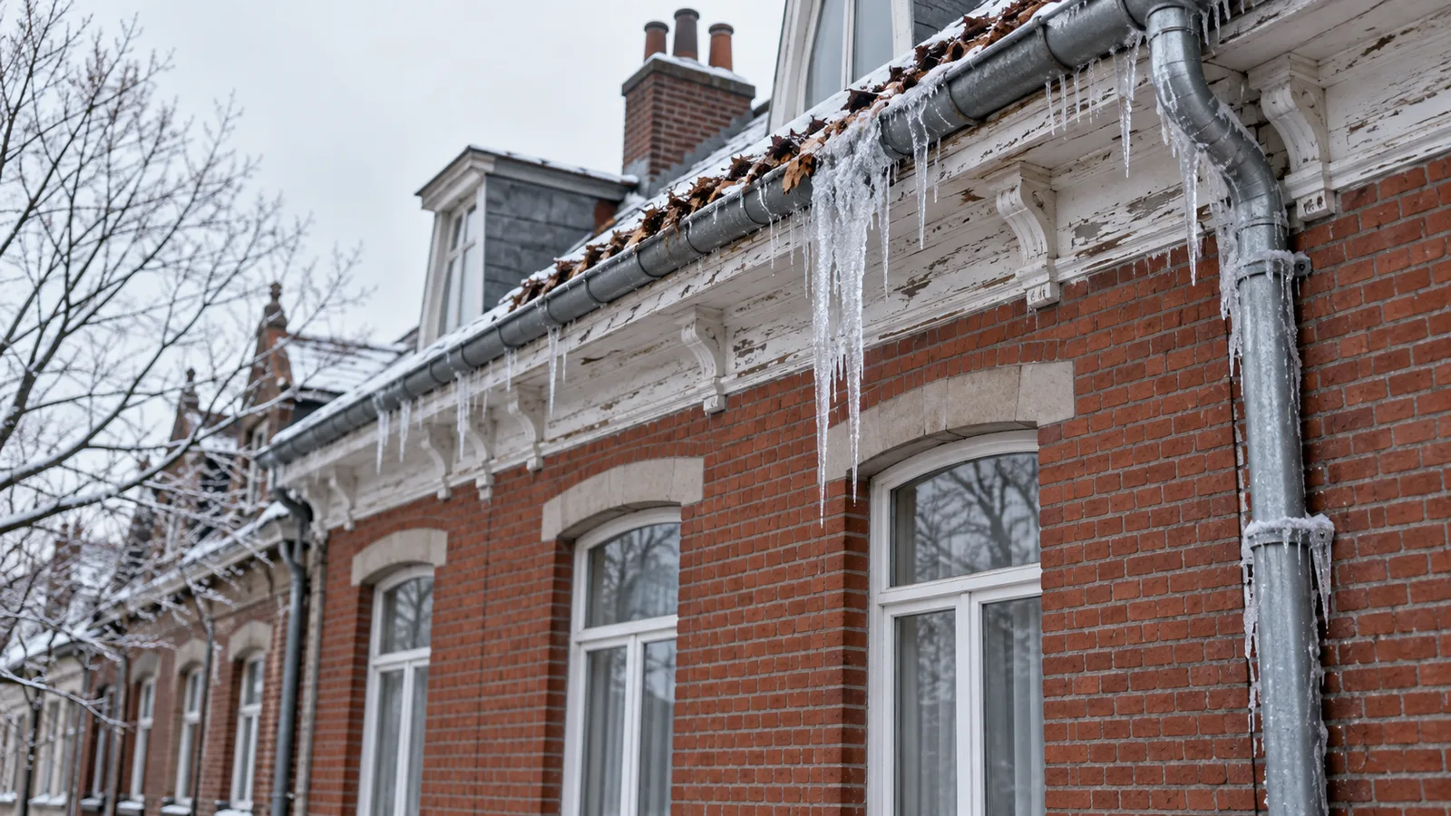 Façade à Schaerbeek avec des glaçons suspendus à la corniche et à la gouttière