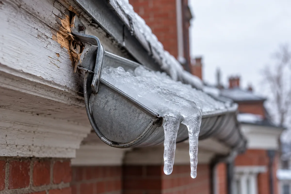 Gouttière déformée par la glace avec des glaçons