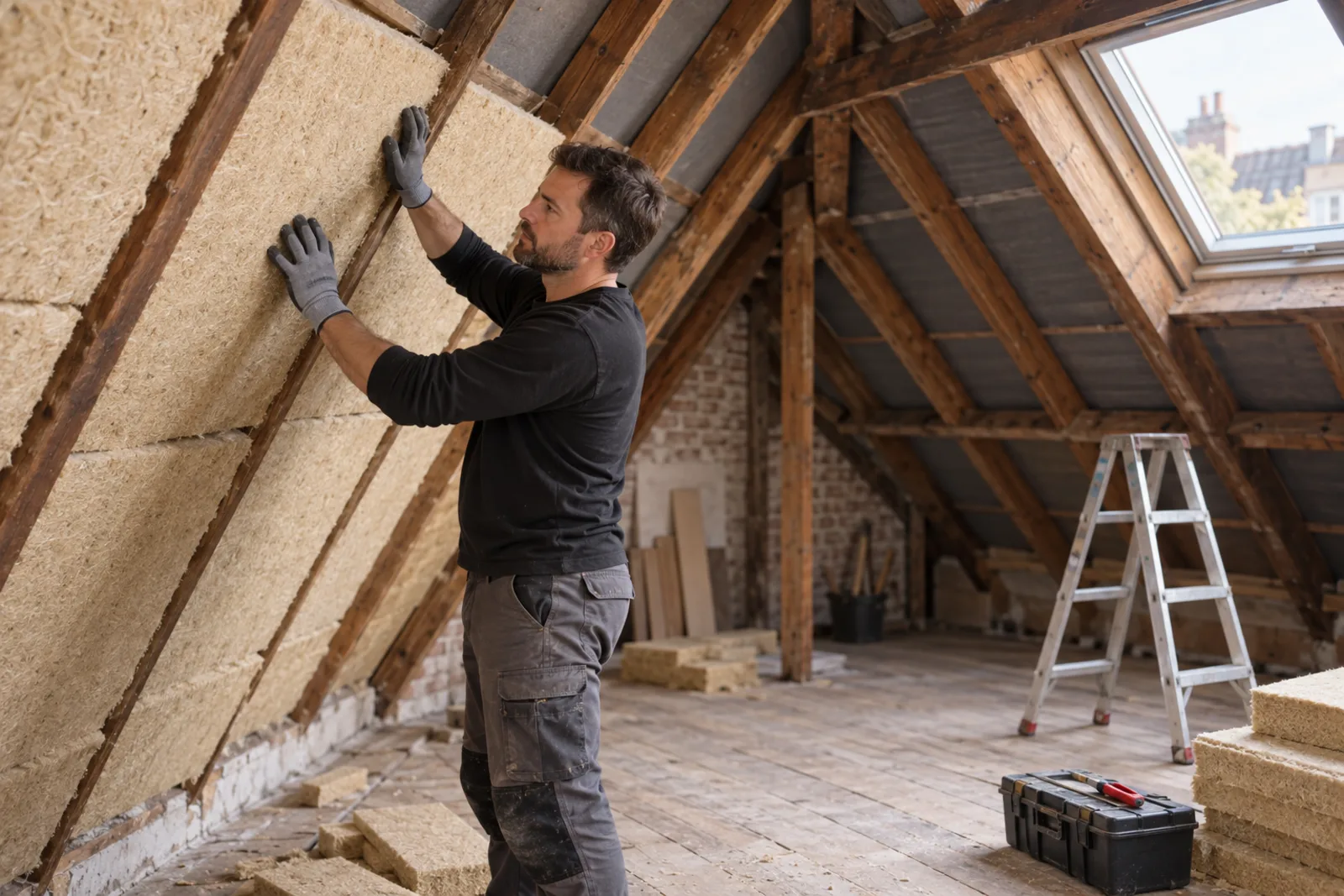 Artisan qui pose des panneaux de laine de bois entre les chevrons d'un comble à Koekelberg
