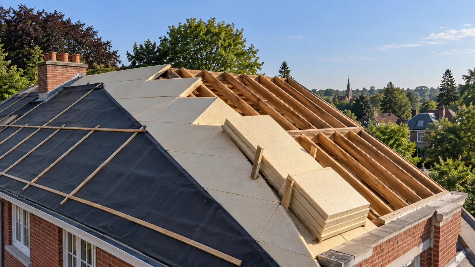 Toiture en chantier à Uccle avec des panneaux isolants posés par-dessus les chevrons
