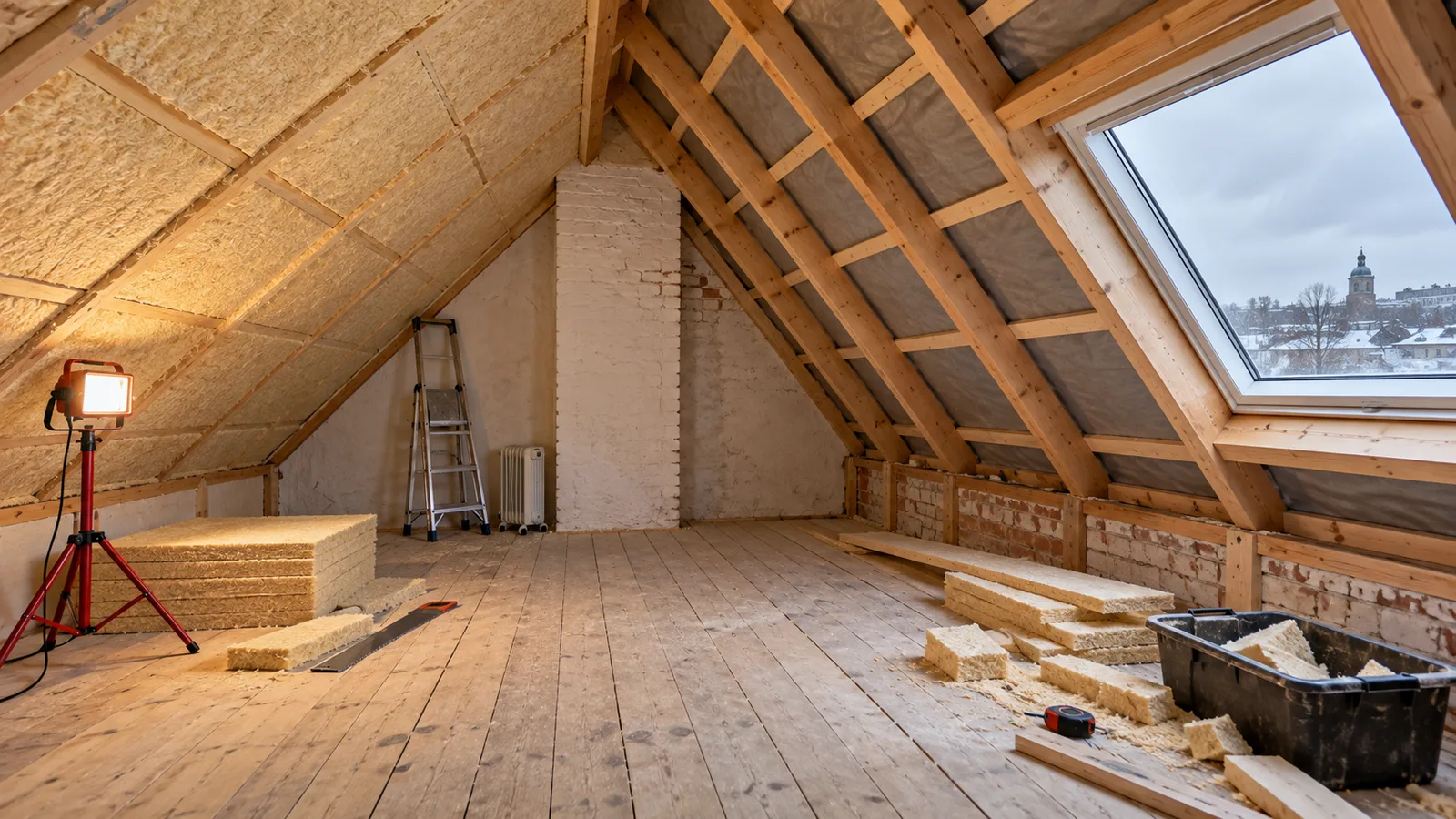 Combles en cours d'isolation en hiver à Jette, éclairés par une lampe de chantier