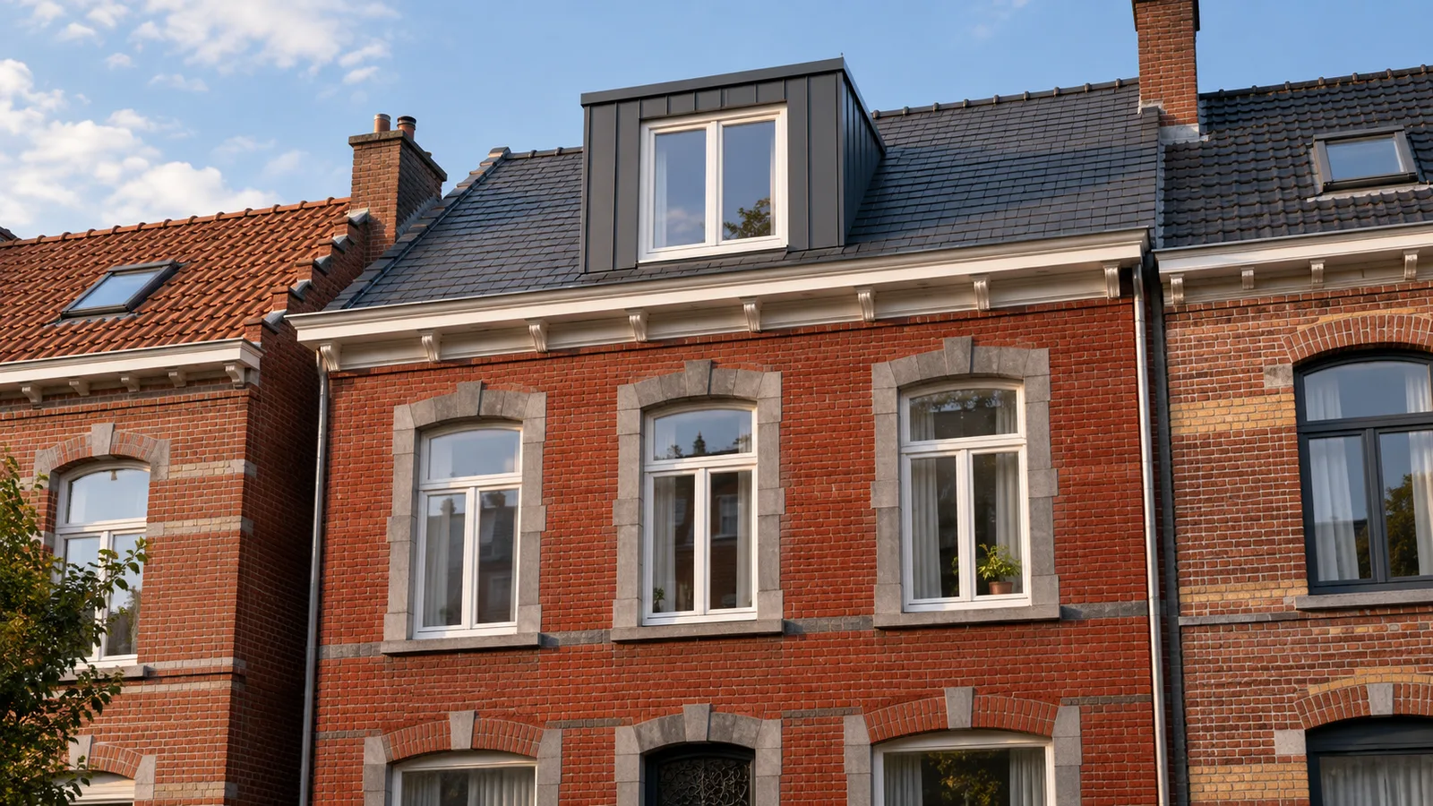 Maison bruxelloise en briques avec une lucarne en zinc sur le toit en ardoises à Molenbeek