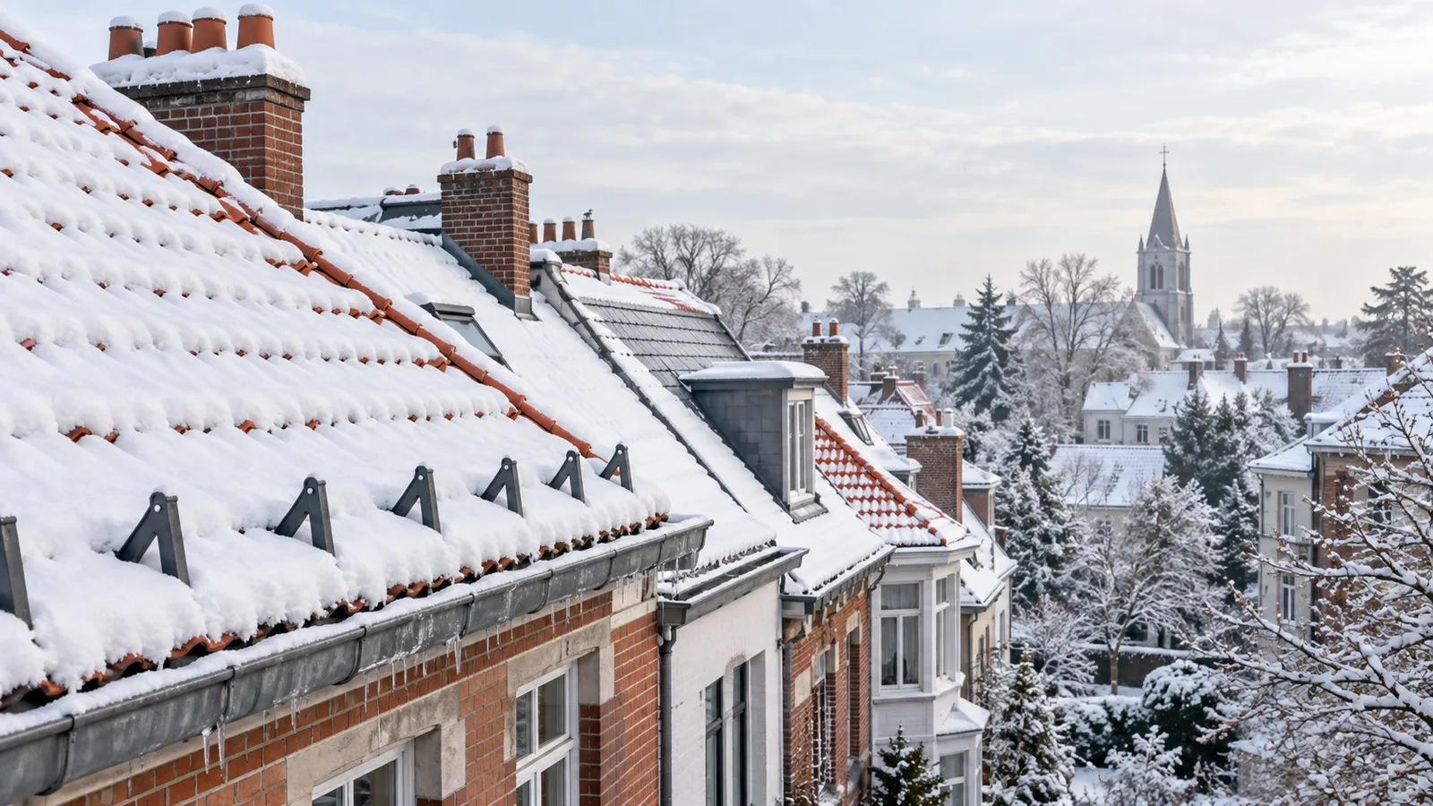 Toits enneigés à Uccle avec des arrêts de neige au-dessus de la gouttière