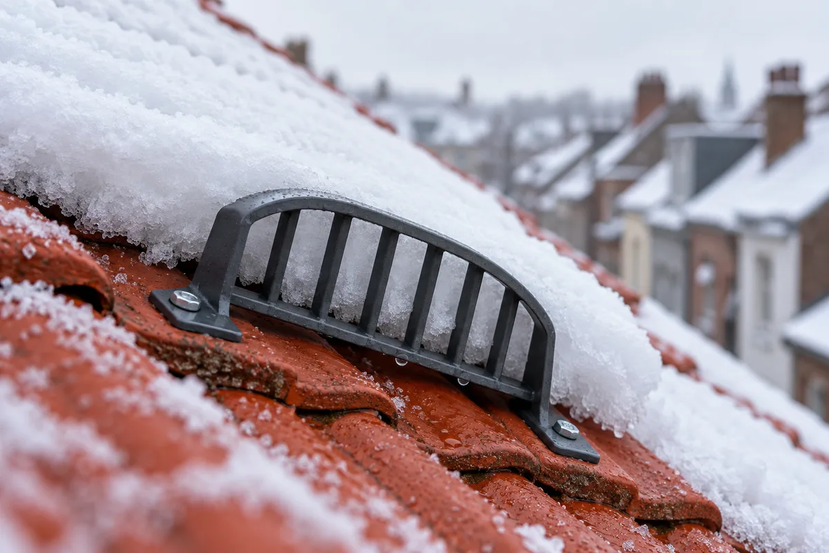 Arrêt de neige qui retient la neige sur un toit en tuiles