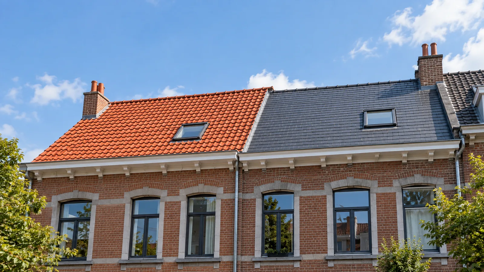 Deux maisons mitoyennes, l'une couverte de tuiles neuves et l'autre d'ardoises neuves