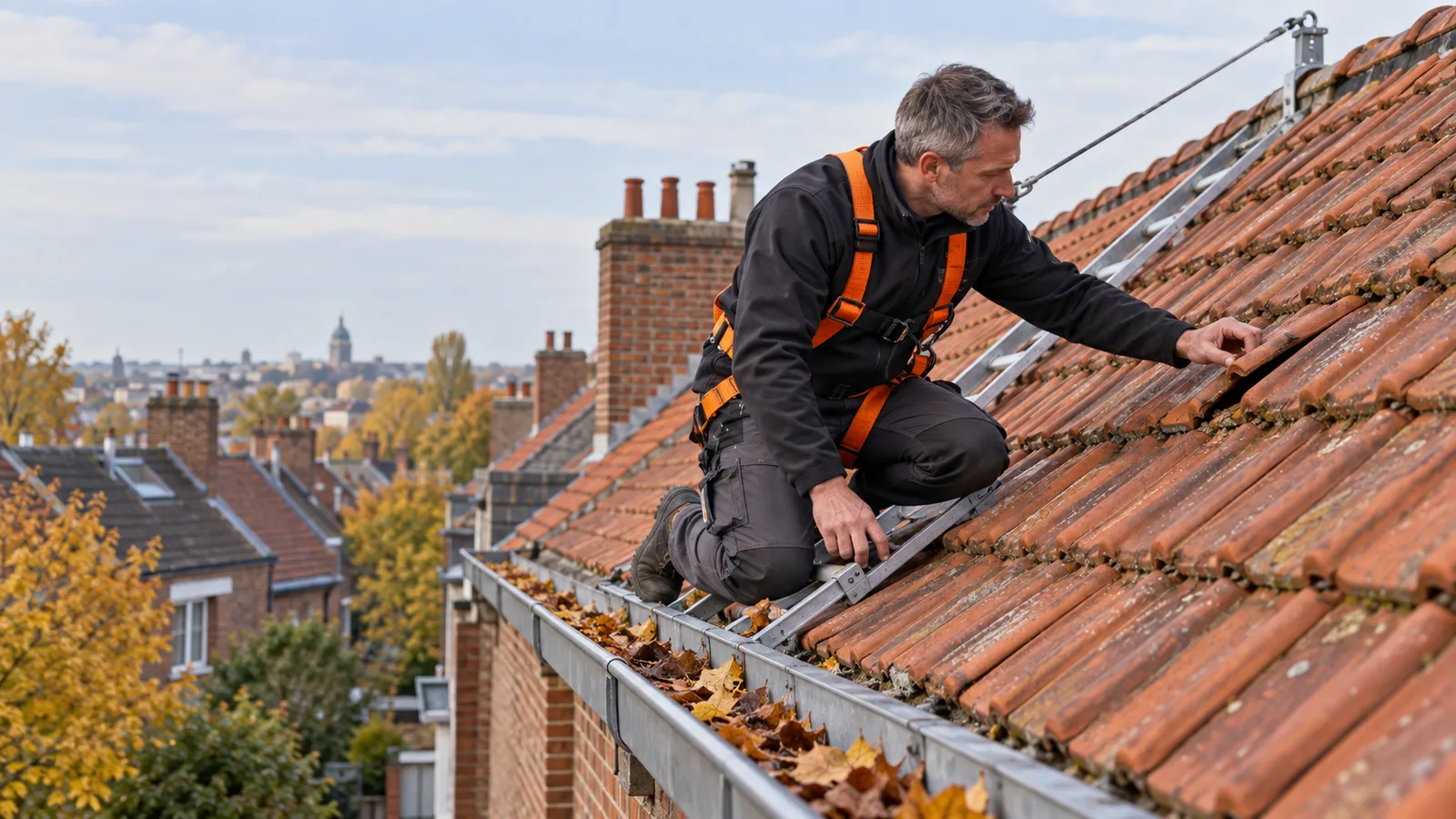 Couvreur harnaché qui contrôle les tuiles d'un toit en automne à Jette