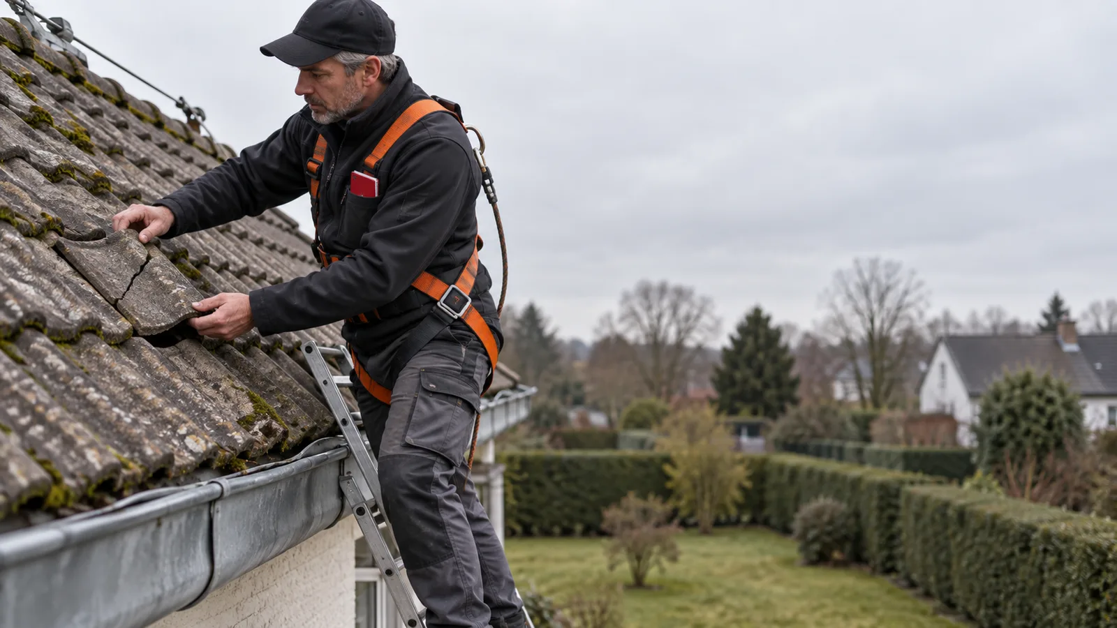 Couvreur harnaché qui examine une tuile lors d'un diagnostic de toiture à Wemmel