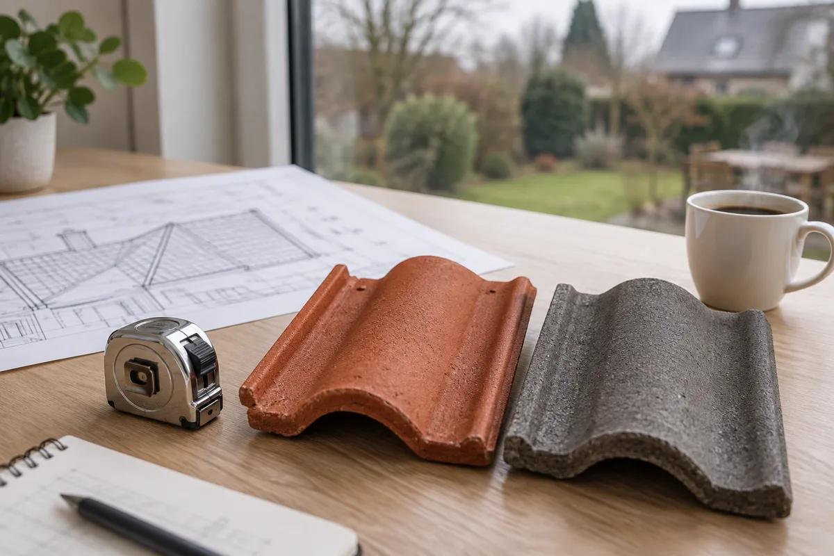 Plan de toiture, mètre ruban et échantillons de tuiles sur une table
