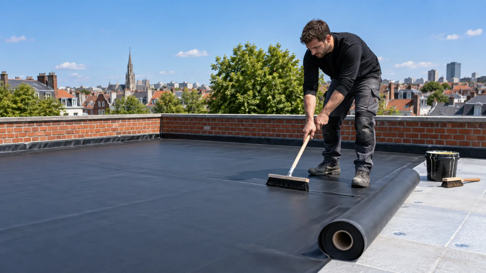 Étancheur qui marouffle une membrane EPDM sur une toiture plate à Ixelles