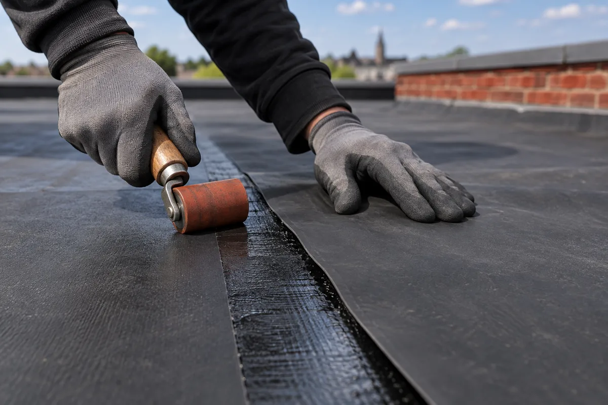 Rouleau presseur sur le recouvrement de deux lés de membrane EPDM
