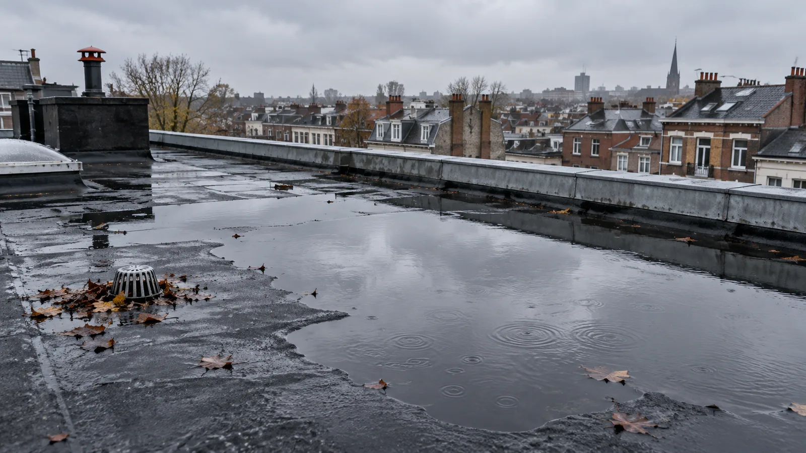 Toiture plate à Ixelles avec de l'eau stagnante avant l'hiver