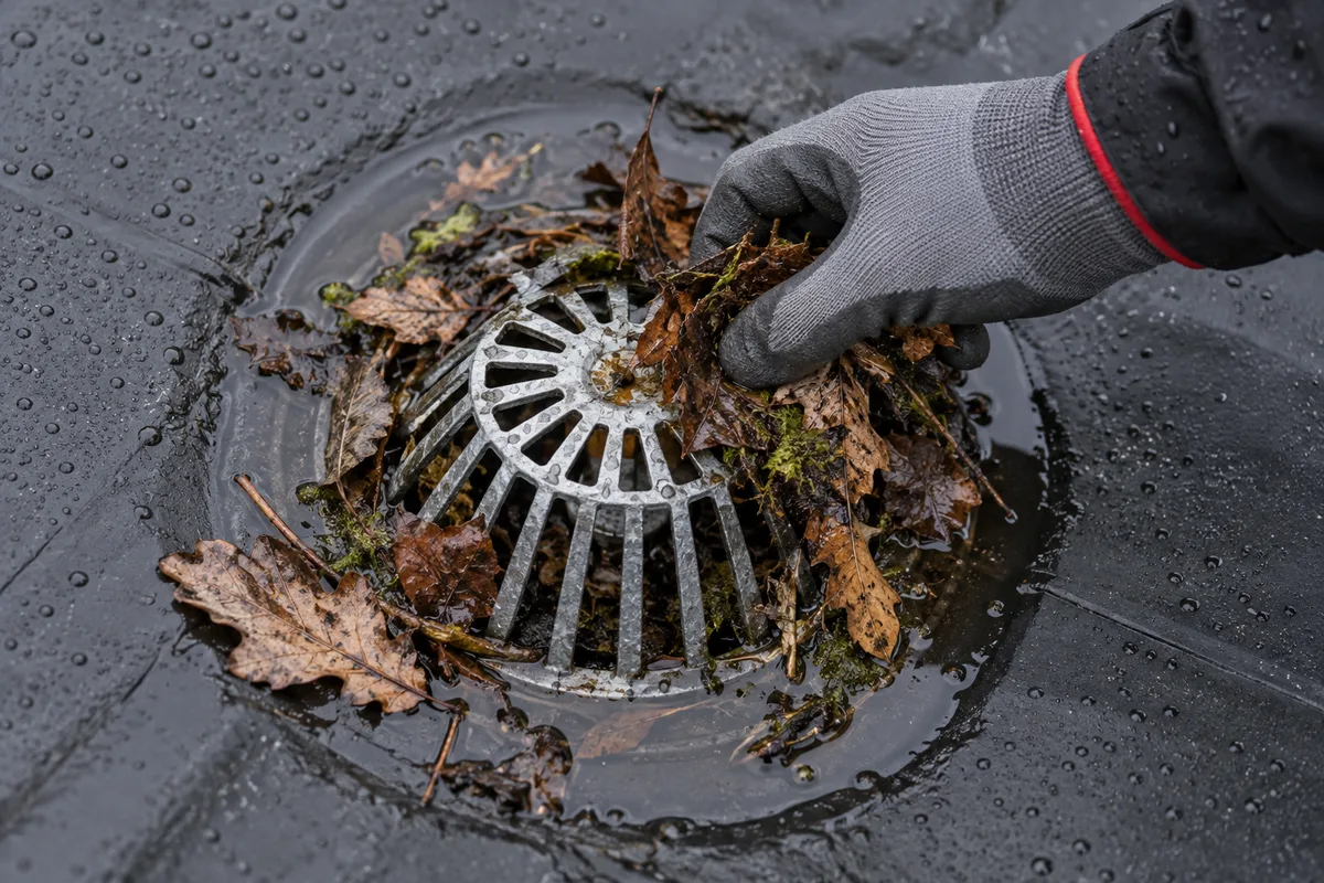 Main gantée qui dégage un avaloir de toiture plate bouché par les feuilles
