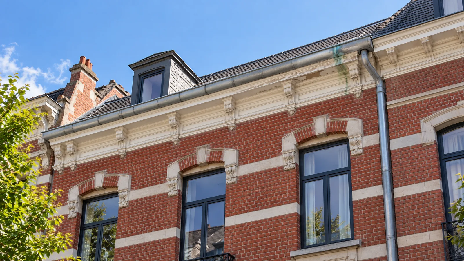 Façade bruxelloise avec corniche en bois et gouttière en zinc à entretenir