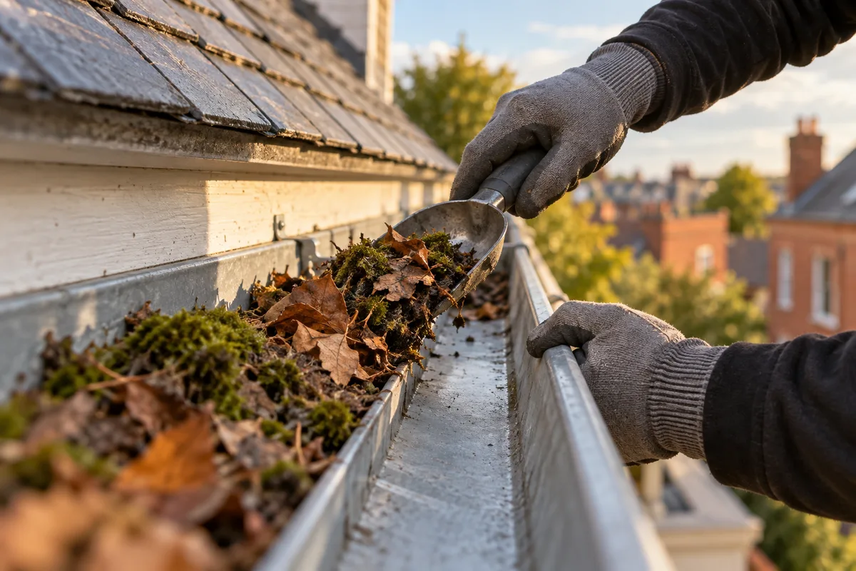 Mains gantées qui nettoient une gouttière en zinc encombrée de feuilles