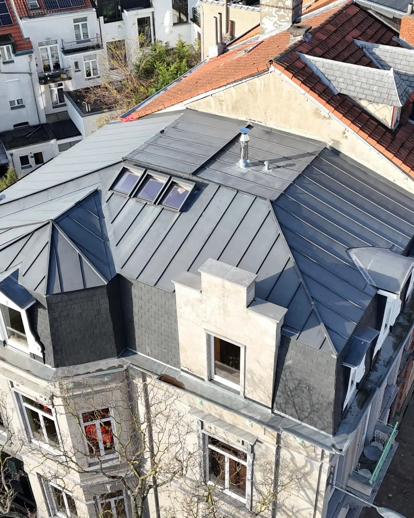 Vue de drone d'une mansarde en zinc à joint debout avec fenêtres de toit, ardoises naturelles et corniches en zinc